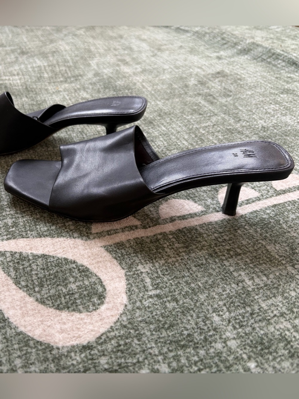 H&M Black Leather Square-Toe Mule Kitten Heels